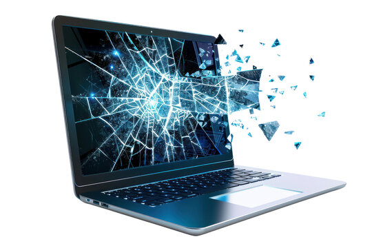 recommend clip art: A vintage laptop with a cracked screen, from which a futuristic holographic display emerges, showcasing a network of interconnected devices., realistic photos on a white background