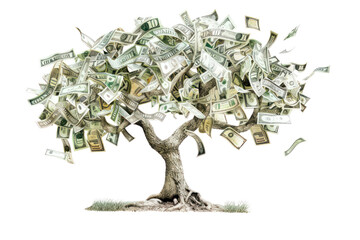 An enchanting illustration of a money tree with leaves resembling various currencies, symbolizing the universal value of wealth and financial growth., realistic photos on a white background