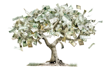 An enchanting illustration of a money tree with leaves resembling various currencies, symbolizing the universal value of wealth and financial growth., realistic photos on a white background