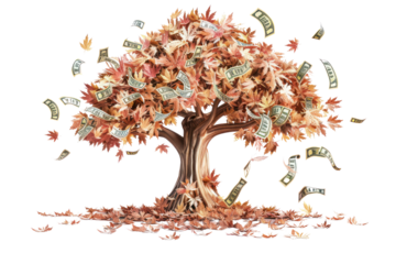An enchanting illustration of a money tree with leaves resembling various currencies, symbolizing the universal value of wealth and financial growth., realistic photos on a white background