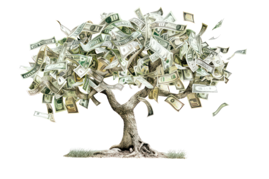An enchanting illustration of a money tree with leaves resembling various currencies, symbolizing the universal value of wealth and financial growth., realistic photos on a white background