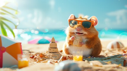 A cheerful hamster in a tiny bikini and sunglasses, building a sandcastle. The scene is detailed with a playful, sunny beach background in 3D. Mood: cheerful, creative.