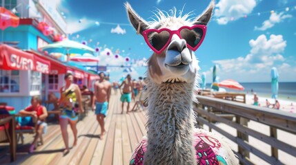 A confident llama in a cool tank top and heart-shaped sunglasses, striking a pose on the boardwalk