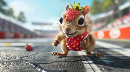 A determined squirrel in a sporty strawberry outfit, ready to run a race - Powered by Adobe