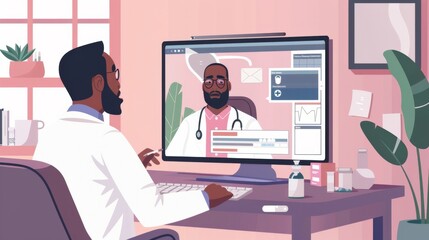 A telepsychiatry session with a psychiatrist prescribing medication through a secure video conferencing tool, patient notes visible on the screen