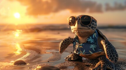 A serene turtle in a Hawaiian shirt and cool sunglasses, slowly strolling on the beach at sunrise