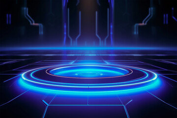 Glowing blue neon lights hologram portal circle teleport podium stage spotlight high tech holographic Interface innovation technology design abstract background
