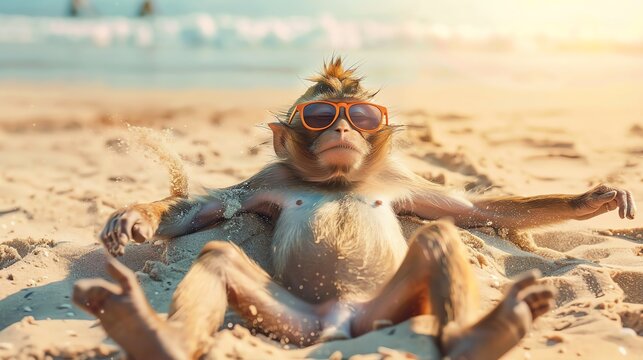  A playful monkey in hipster swim trunks, making sand angels on the beach, with quirky oversized sunglasses