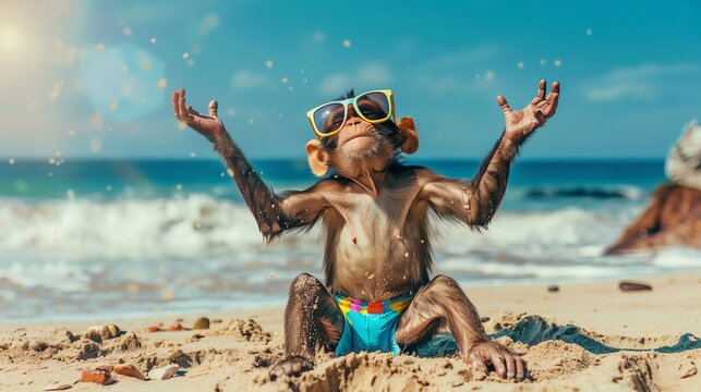  A playful monkey in hipster swim trunks, making sand angels on the beach, with quirky oversized sunglasses - Powered by Adobe