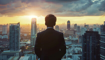 A man in a suit is looking out over a city at the sunset by AI generated image