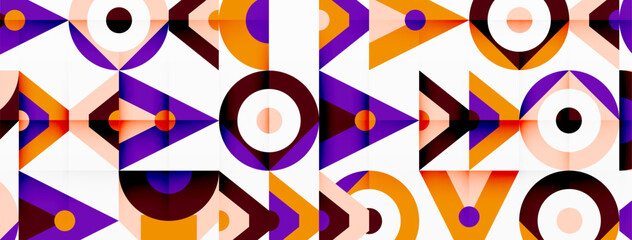 Obraz premium Colorful geometric pattern with arrows and circles in shades of purple, violet, and magenta on a white background. This textile art paint is a creative font in a vibrant pattern