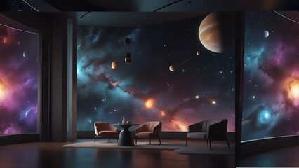 Modern Lounge with Cosmic Wall Murals and Planetary Lighting