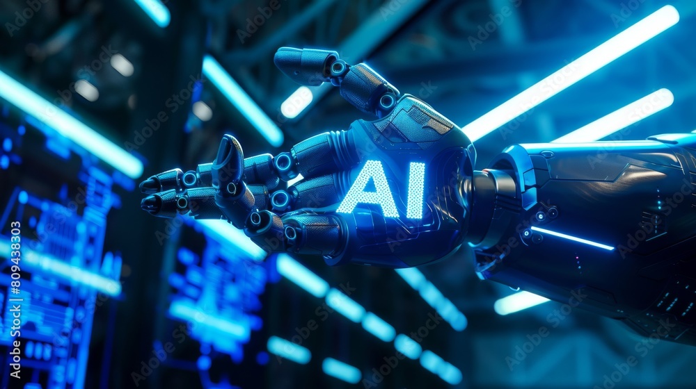 Poster an advanced robotic hand, crafted with precision engineering, poised against a backdrop of swirling 