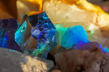 natural clear quartz crystal in blue prism light