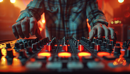 A man is playing a keyboard with red lights by AI generated image