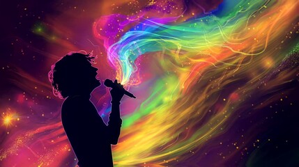 A vocalist silhouette with colorful aura, spiritual music. Anime or digital painting style, looping 4k video animation background