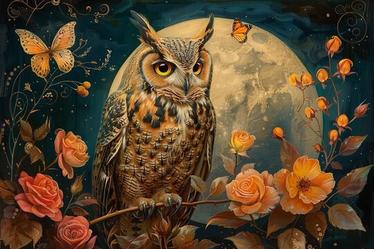 Vintage Japanese style painting of an owl, beautifully colored among roses, and a butterfly, bright moon night, charming wisdom