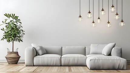 Elegant and Airy Modern Living Room with Plush Gray Sectional Sofa and Pendant Lighting Accents