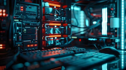 Futuristic Computer Center with Intricate Digital Equipment and Illuminating Displays