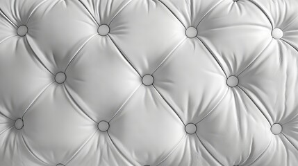A close up of a white leather tufted headboard.
