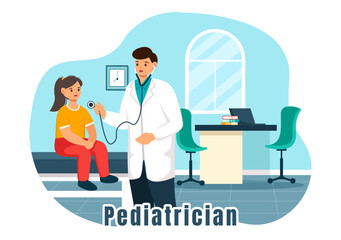 Pediatrician Vector Illustration with Examines Sick Kids for Medical Development, Vaccination and Treatment in Flat Cartoon Background Design