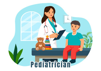 Pediatrician Vector Illustration with Examines Sick Kids for Medical Development, Vaccination and Treatment in Flat Cartoon Background Design