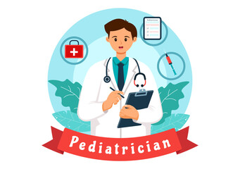 Pediatrician Vector Illustration with Examines Sick Kids for Medical Development, Vaccination and Treatment in Flat Cartoon Background Design