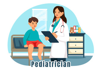 Pediatrician Vector Illustration with Examines Sick Kids for Medical Development, Vaccination and Treatment in Flat Cartoon Background Design