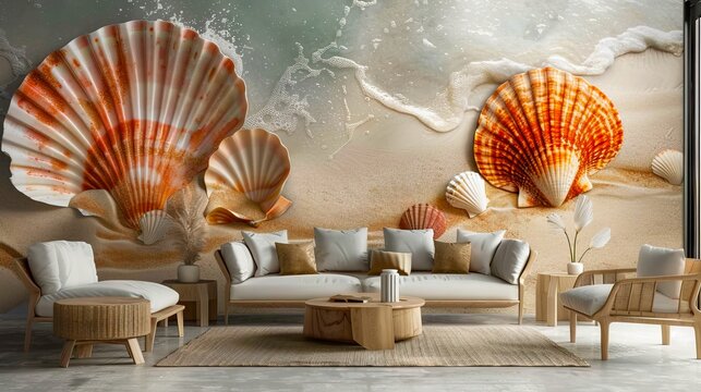 A living room with shells and seashells on the wall.
