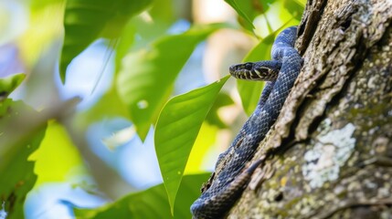 Portrait of a blue viper snake on a tree