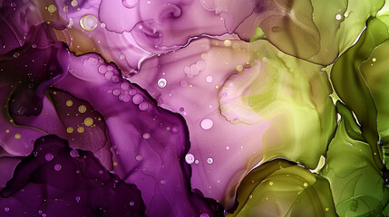 Abstract background with alcohol ink in shades of orchid purple and olive green, oil paint texture.