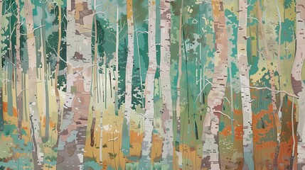 green birch trees and a forest illustration poster background
