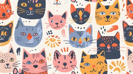 Vibrant Vintage of Playful and Whimsical Cats in Abstract Geometric Patterns