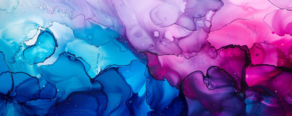 Abstract painting in vibrant cyan and deep magenta alcohol ink, luxurious oil textures.
