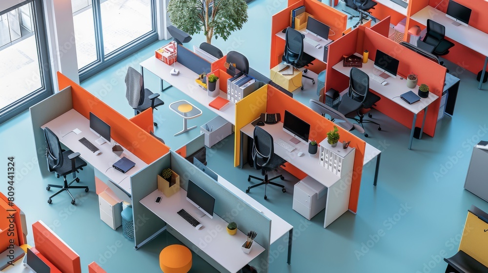 Poster an image of a shared workspace with different personal items on each desk, indicating the use of hot