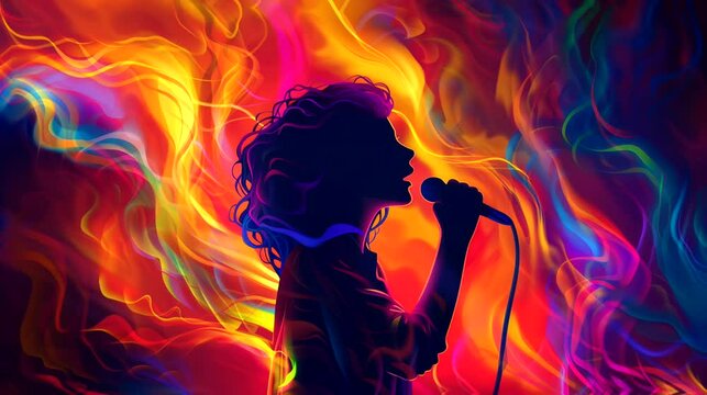 A vocalist silhouette with colorful aura, spiritual music. Anime or digital painting style, looping 4k video animation background