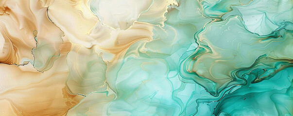 Abstract painting in warm beige and cool aqua, alcohol ink with highly-textured oil paint.