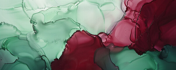Alcohol ink abstract painting background in deep maroon and sea foam green, textured oil paint.