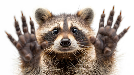a raccoon with its paws outstretched against a white background