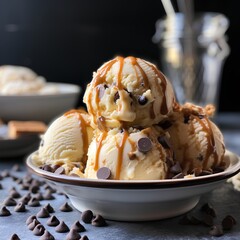 Rich and decadent salted caramel chocolate chip gelato ice cream scoops, cinematic food photography