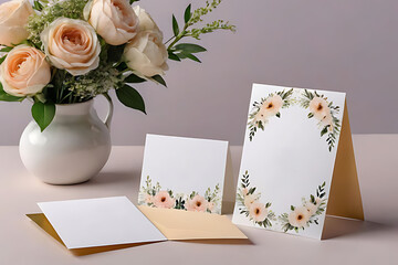 Wedding invitation card mockup with copy-space background concept, blank space. Elegant Gold Frame Wedding Invitation