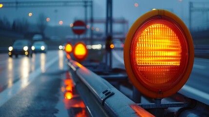 Glowing Road Work Warning Lights in Dusk