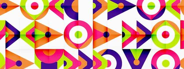 A vibrant display of magenta triangles and circles in a symmetrical pattern on a white background, showcasing the creativity and colorfulness of art in geometric shapes