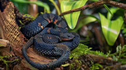 Portrait of a blue viper snake on a tree