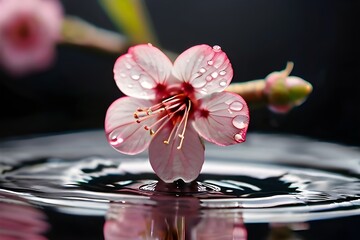 Pink sakura flower with water drop on the pond , advertising photographs , with space for product display scene, wallpaper and product display Generative AI