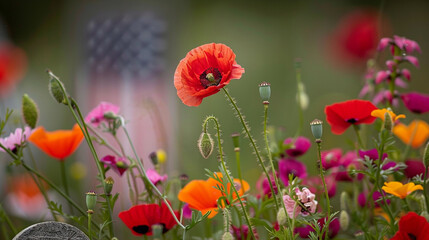 A close-up of a red poppy nestled among other wildflowers in front of a tombstone with a blurred American flag in the background.