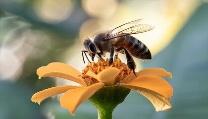 Naklejka premium Close up bee delicately perched on a vibrant marigold petal, its translucent wings catching the warm sunlight filtering through the leave background