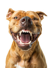 dangerous pit bull dog portrait showing fangs on white background isolated PNG