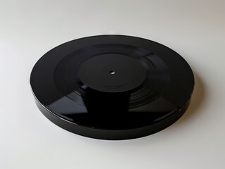 A black vinyl record on a white surface.