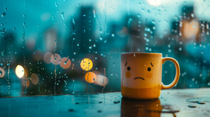 Sad face on a yellow coffee mug on a wooden table with rainy cityscape in the background, reflecting a gloomy mood, unhappy and lonely. - Powered by Adobe
